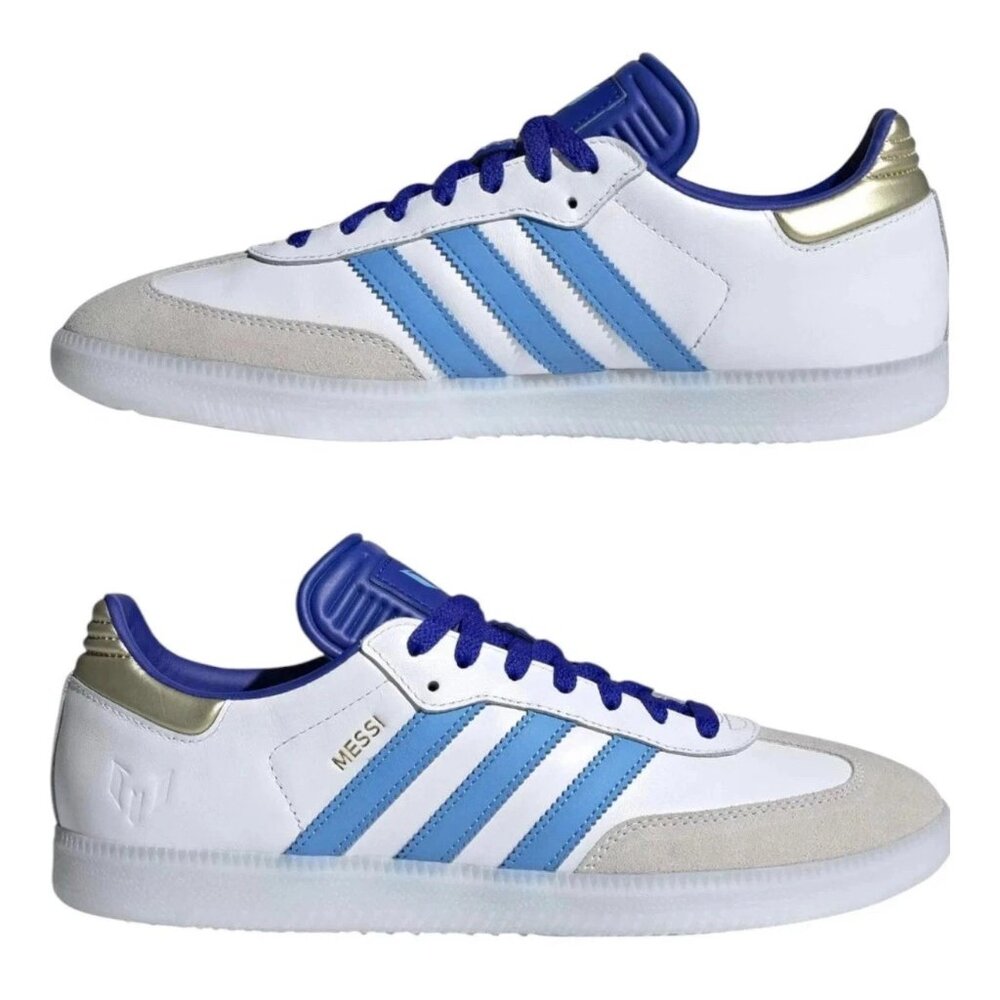 adidas Messi Samba – Unisex Indoor Trainers Shoes White Blue Gold ID3550 NEW